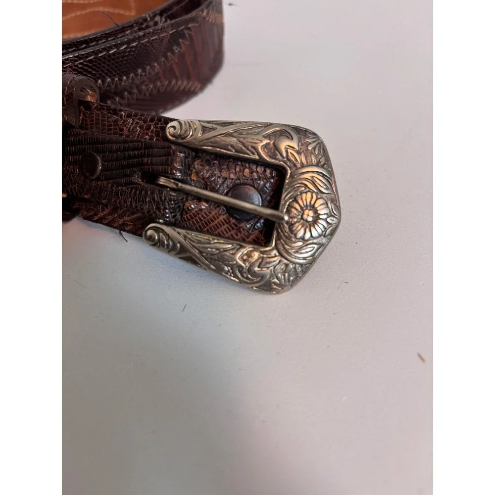 Justin Belt Women 34 Brown Good Genuine Lizard Western Floral‎ Engraved Buckle
